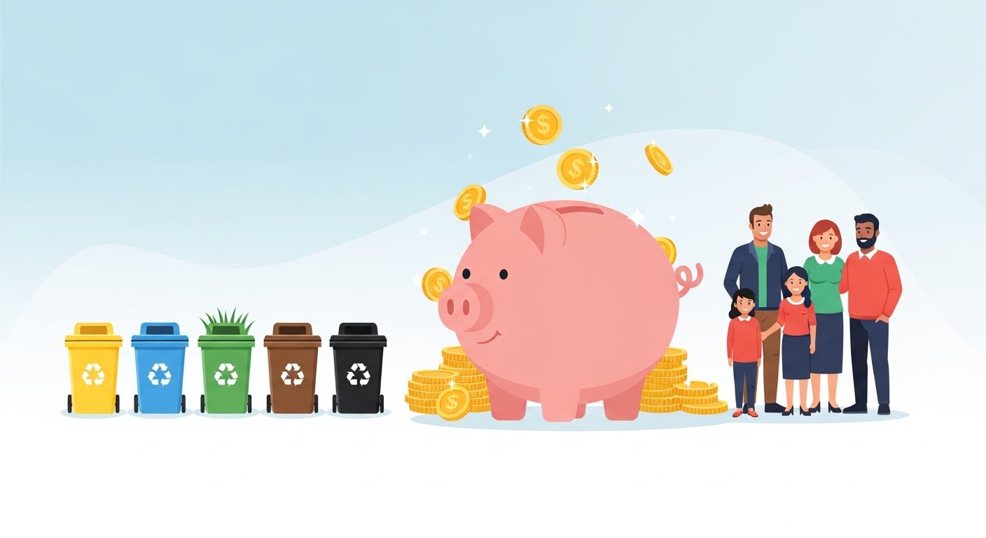 Cennik wywozu odpadów w Poznaniu — kolorowe pojemniki do segregacji na tle panoramy Starego Rynku