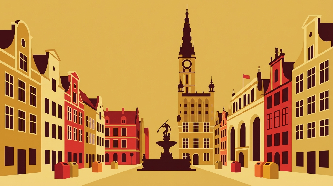 Panorama Gdańska — Długi Targ, Ratusz i kolorowe kamienice z pojemnikami do segregacji