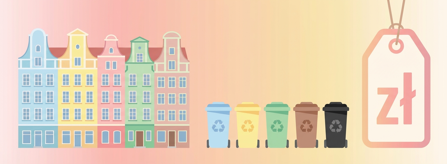 Cennik odbioru odpadów w Gdańsku 2026 — gdańska kamienica z kolorowymi pojemnikami na odpady i metką cenową zł