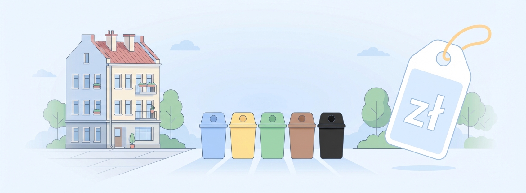 Cennik odbioru odpadów w Szczecinie 2026 — budynek z kolorowymi pojemnikami na odpady i metką cenową zł