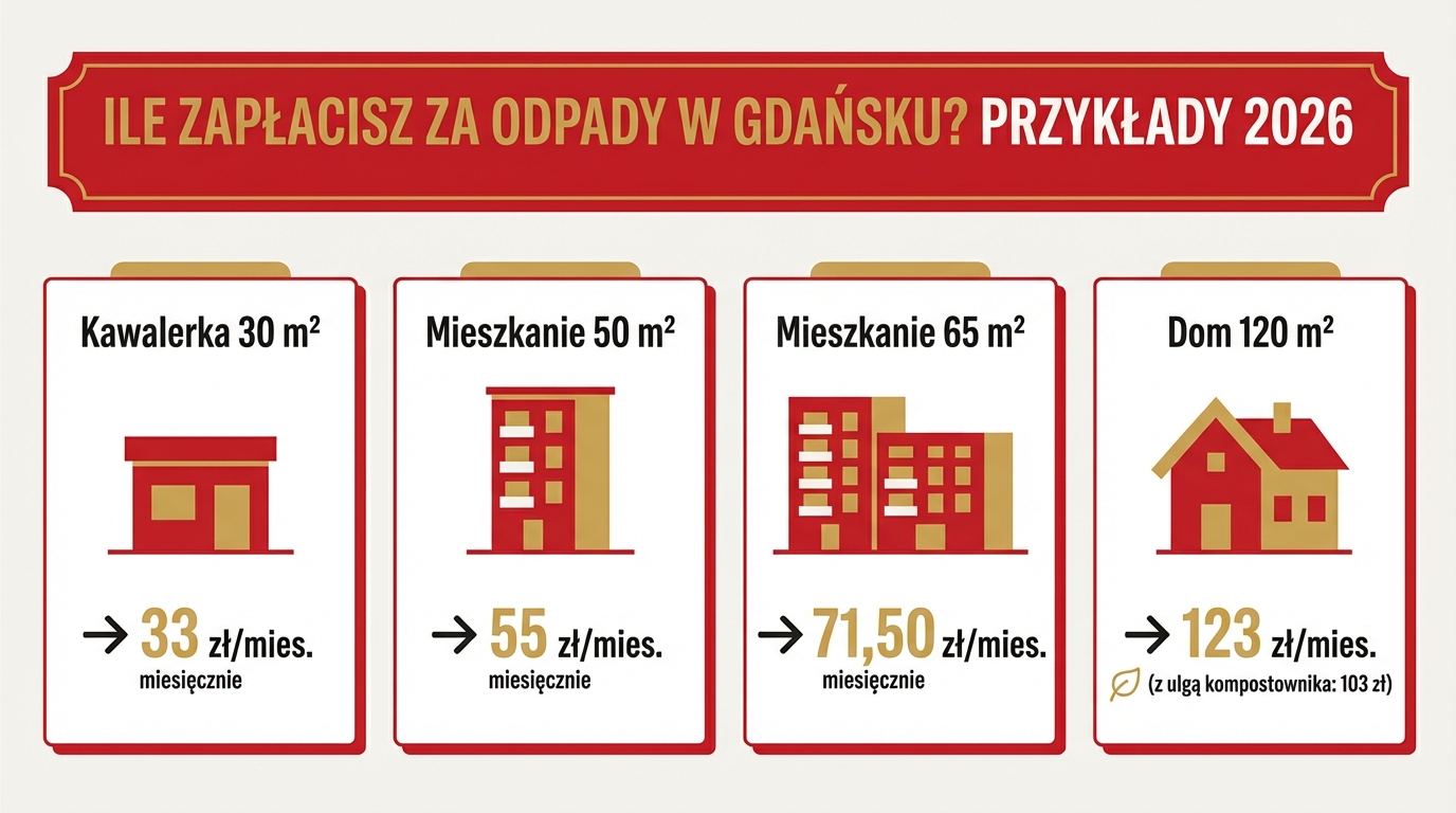 Przykłady miesięcznych opłat za odpady w Gdańsku 2026 — kawalerka 30 m² za 33 zł, mieszkanie 65 m² za 71,50 zł, dom 120 m² za 123 zł