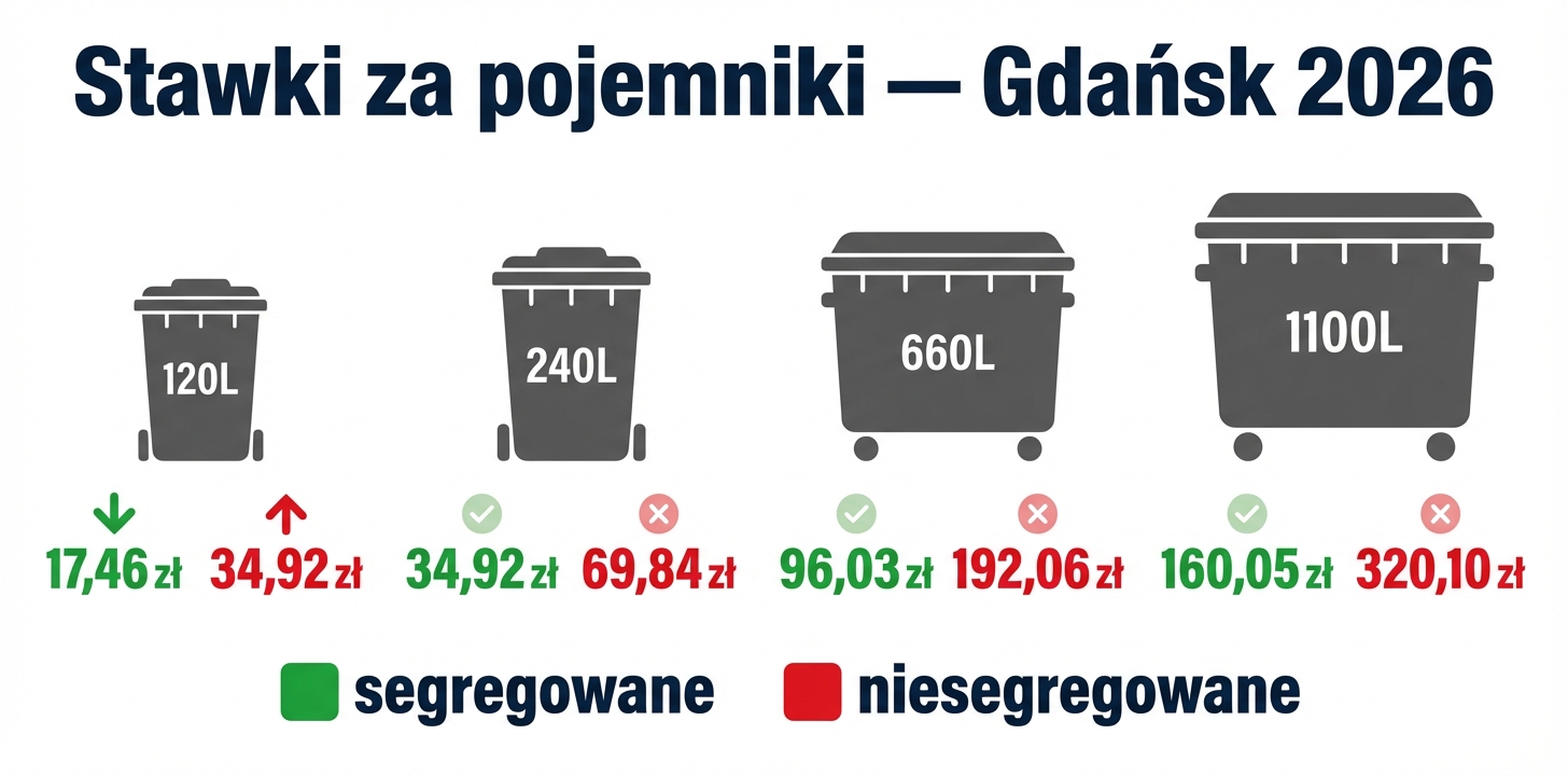 Cennik pojemników na odpady w Gdańsku 2026 — od 60L (8,73 zł) do 7 m³ (1018,50 zł) za odpady segregowane