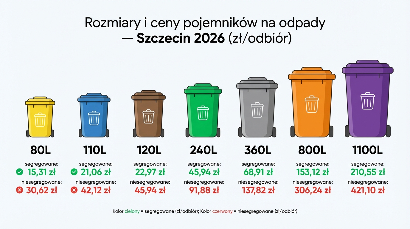 Cennik pojemników na odpady w Szczecinie 2026 — od 80L (15,31 zł) do 1100L (210,55 zł) za odpady segregowane
