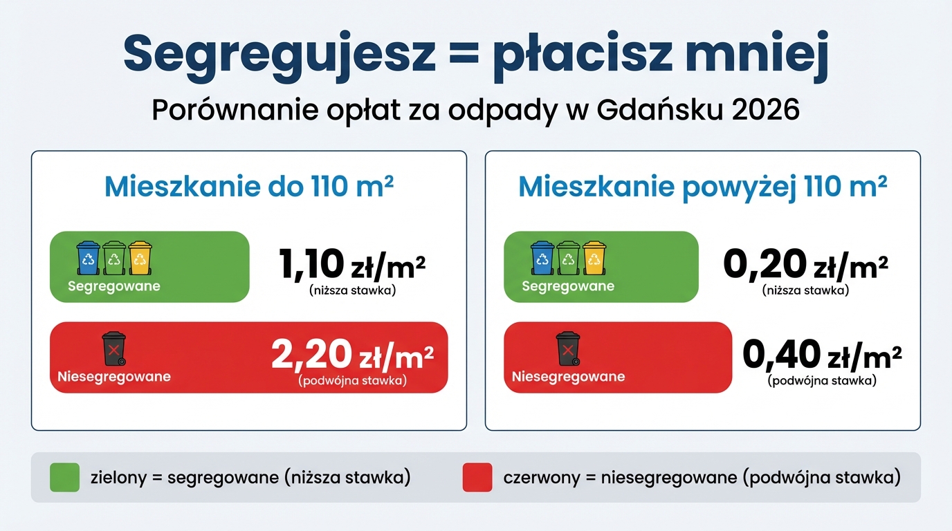 Porównanie stawek za odpady w Gdańsku 2026 — segregowane 1,10 zł/m² vs niesegregowane 2,20 zł/m²