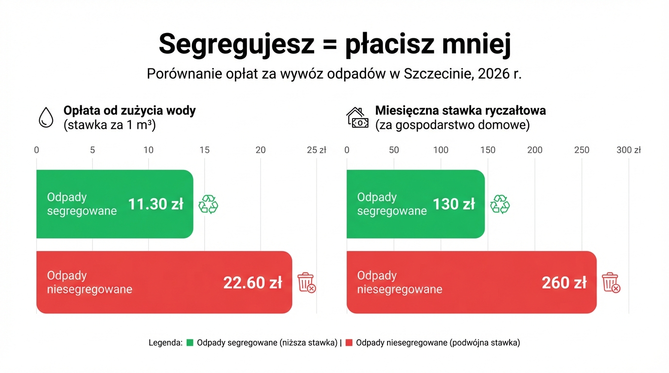 Porównanie stawek za odpady w Szczecinie 2026 — segregowane 11,30 zł vs niesegregowane 22,60 zł za m³ wody