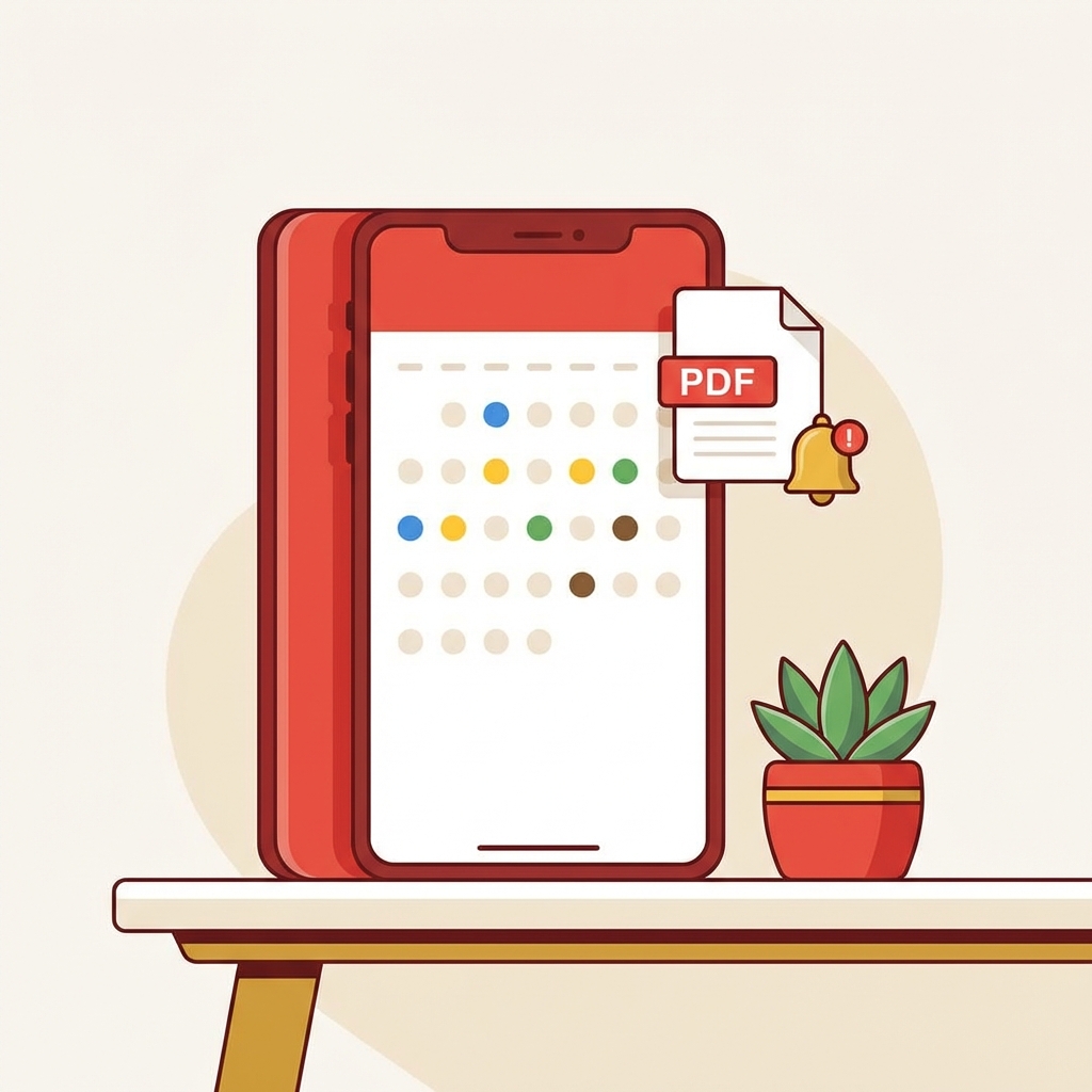 Eksport harmonogramu SmiecioPlan — kalendarz z kolorowymi datami odbioru, ikona PDF i powiadomienie