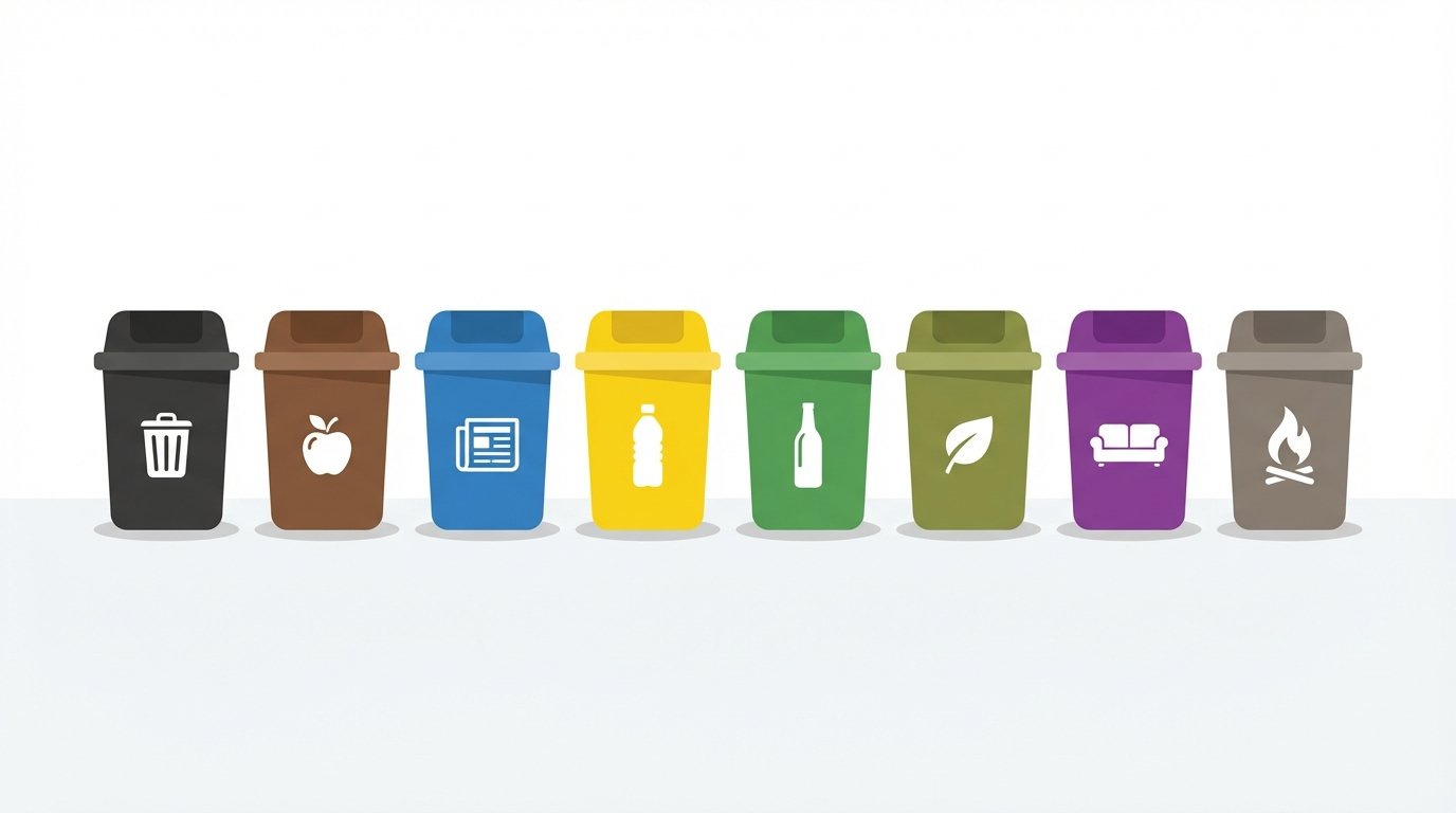 8 kolorowych pojemników na odpady w Gdyni — żółty plastik, niebieski papier, zielony szkło, brązowy bio, czarny zmieszane, oliwkowy zielone, fioletowy gabaryty, szary popiół