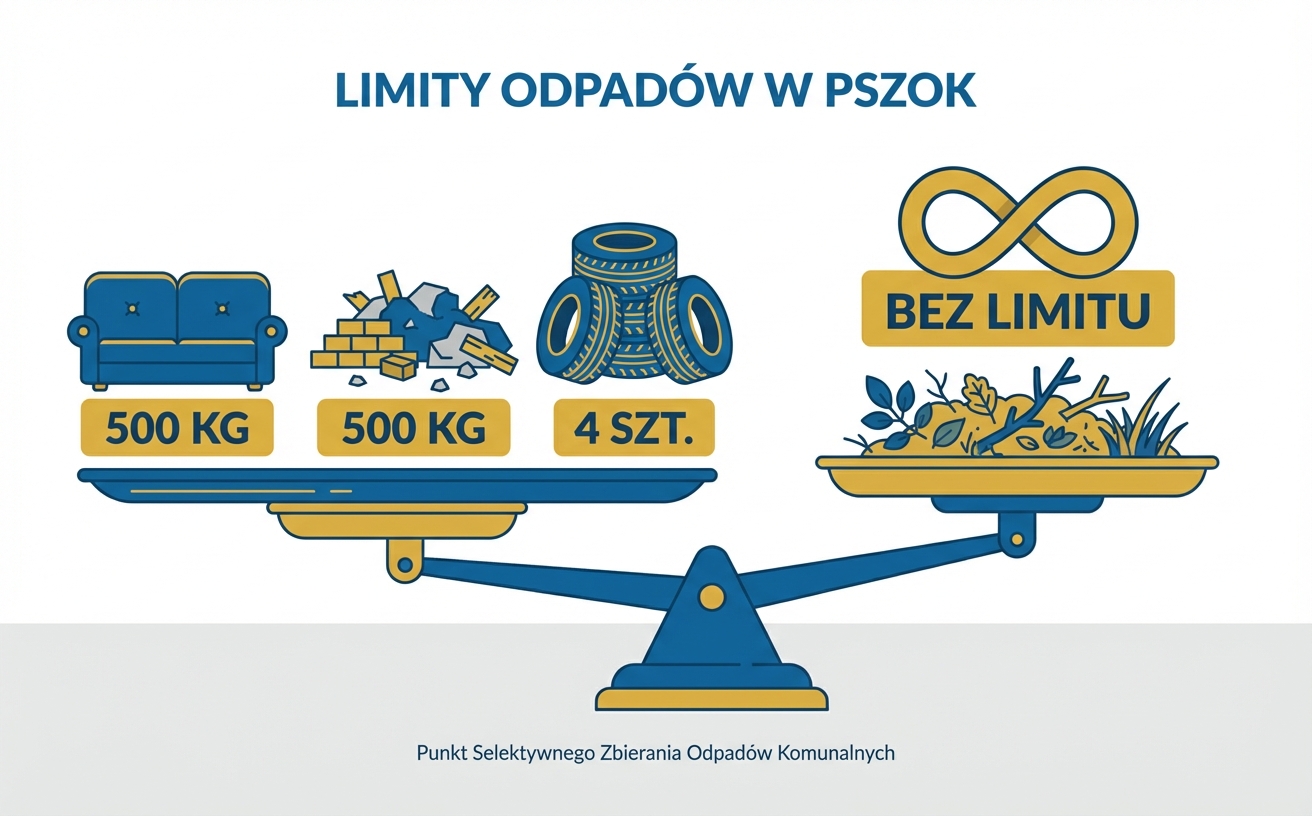 Limity odpadów w PSZOK Eko Dolina — 500 kg wielkogabarytowe, 500 kg budowlane, 4 opony, odpady zielone bez limitu