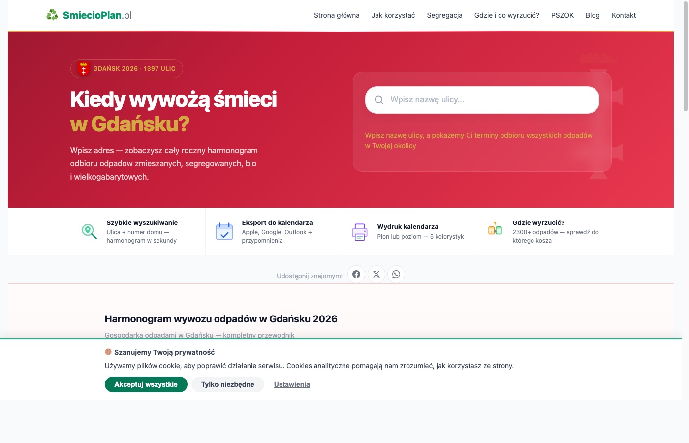 SmiecioPlan.pl — wyszukiwarka harmonogramów wywozu odpadów w Gdańsku