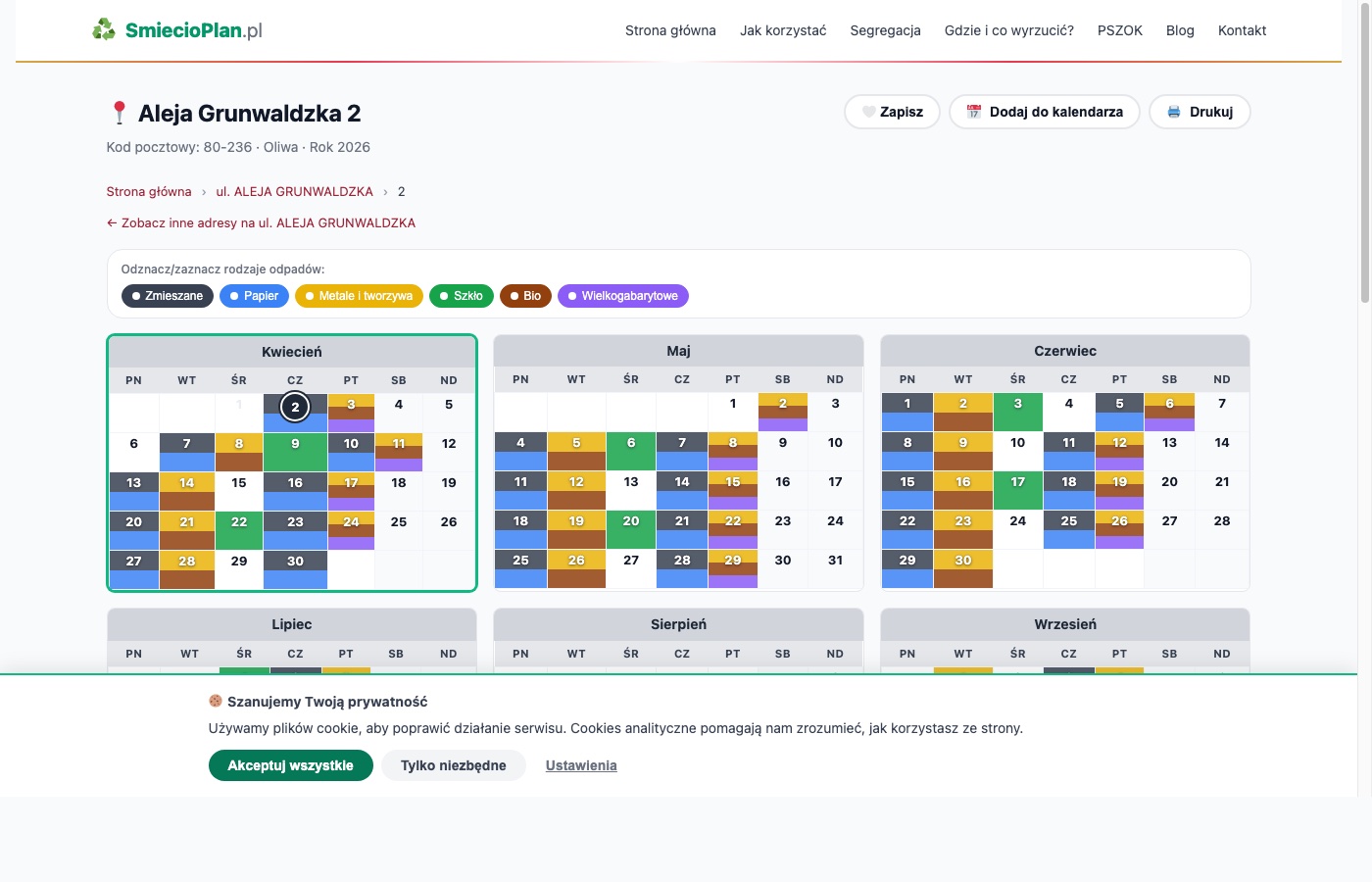 Kolorowy kalendarz wywozu odpadów — Aleja Grunwaldzka, Gdańsk