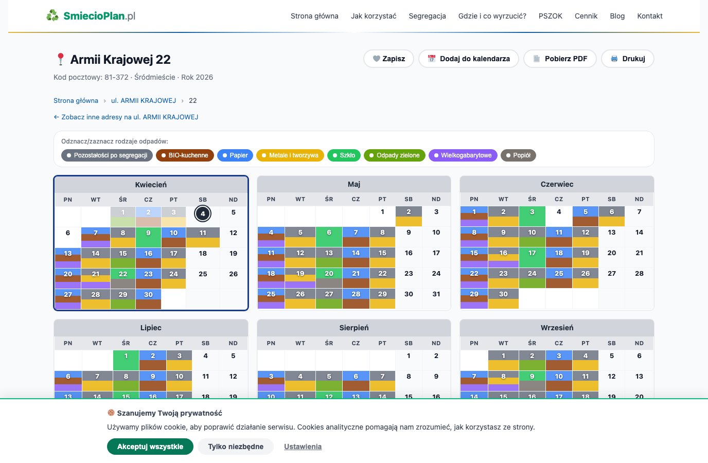 SmiecioPlan Gdynia — kolorowy kalendarz roczny odbioru 8 frakcji odpadów
