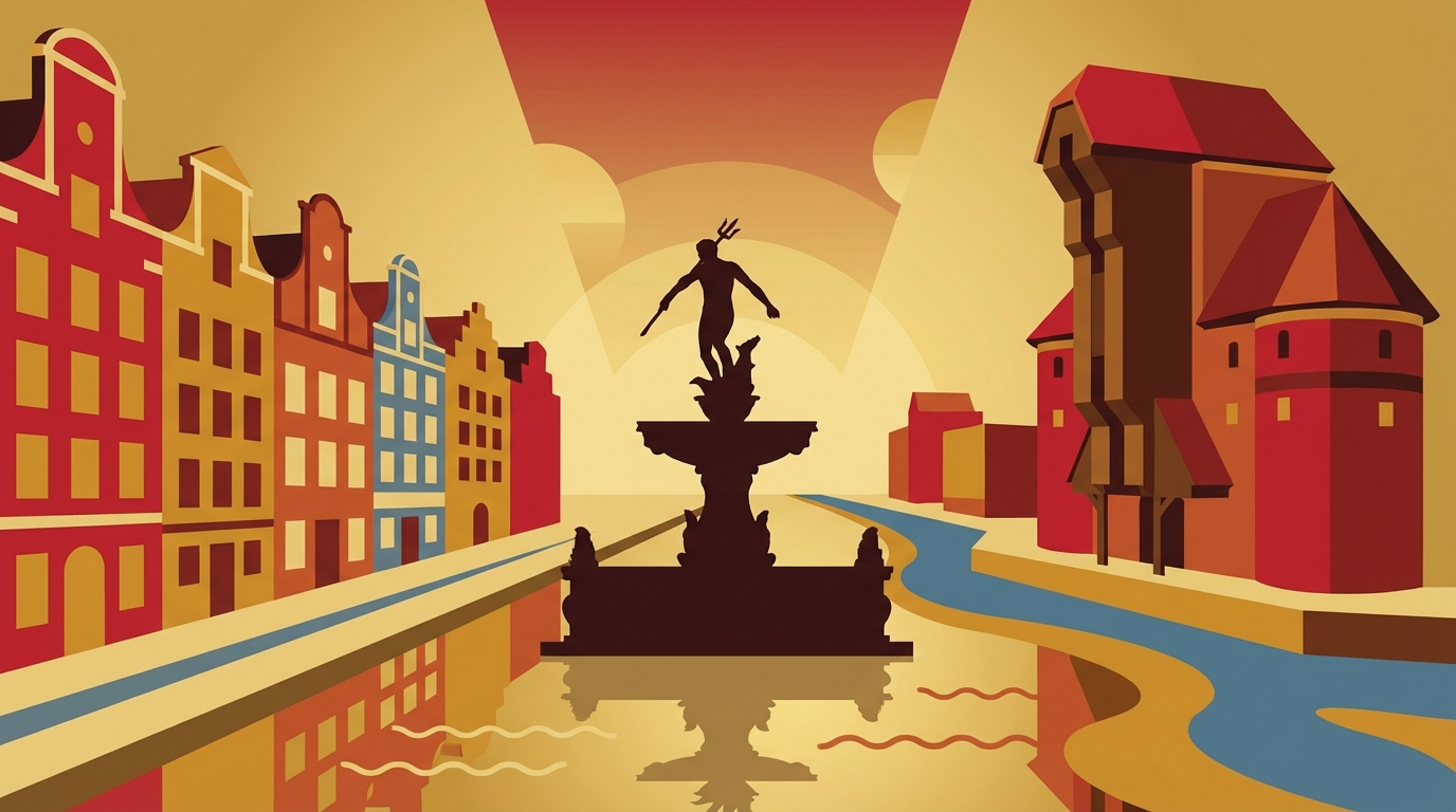 Gdańsk — Fontanna Neptuna, kolorowe kamienice i Żuraw nad Motławą