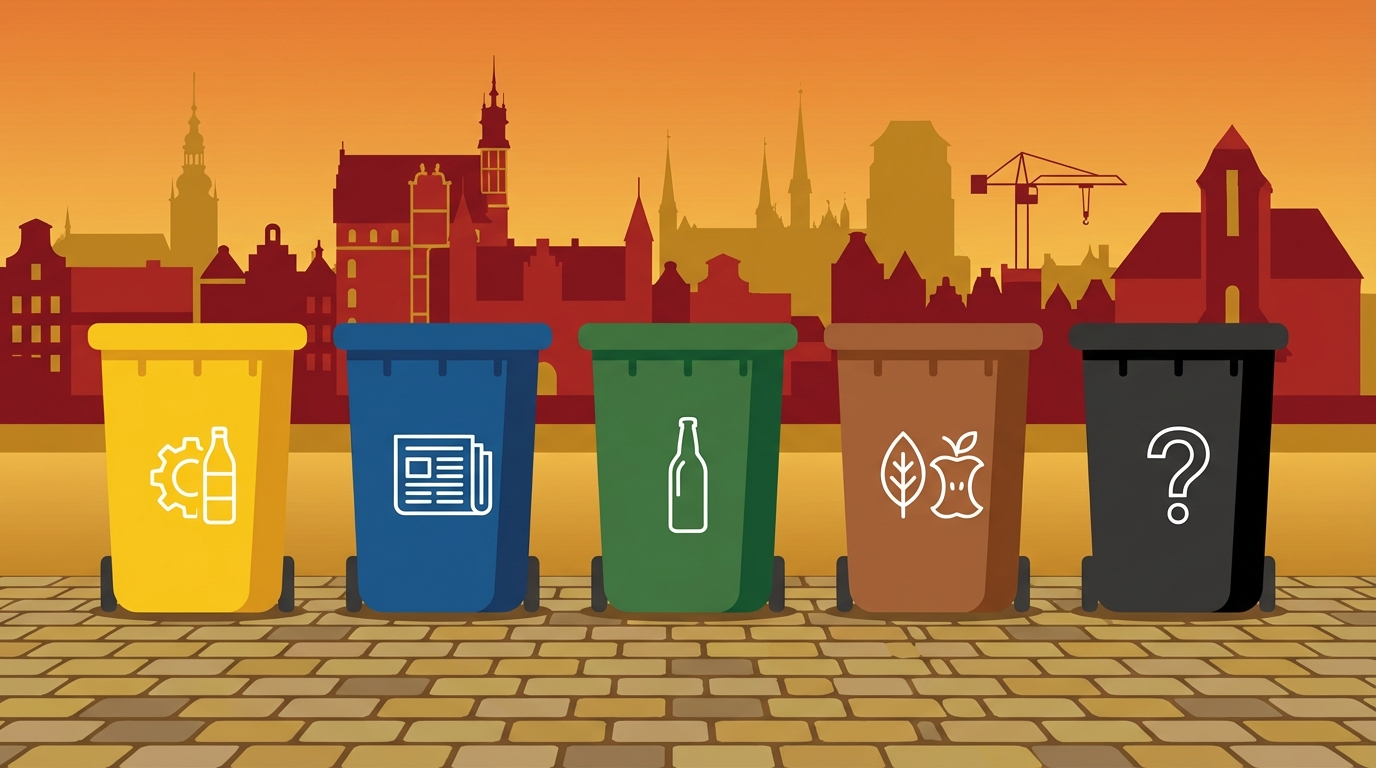 5 kolorowych pojemników do segregacji odpadów w Gdańsku na tle panoramy Głównego Miasta