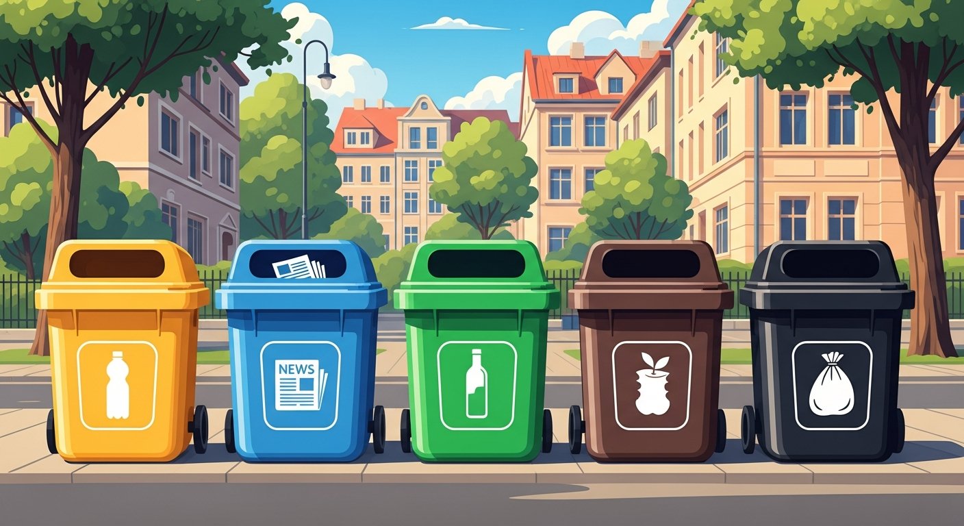 5 kolorowych pojemników do segregacji odpadów w Poznaniu